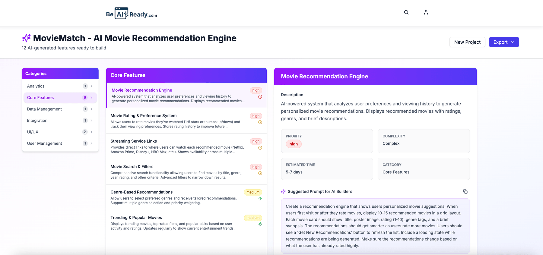 AI Dev Roadmap Planner Dashboard showing categories, features, and details panels